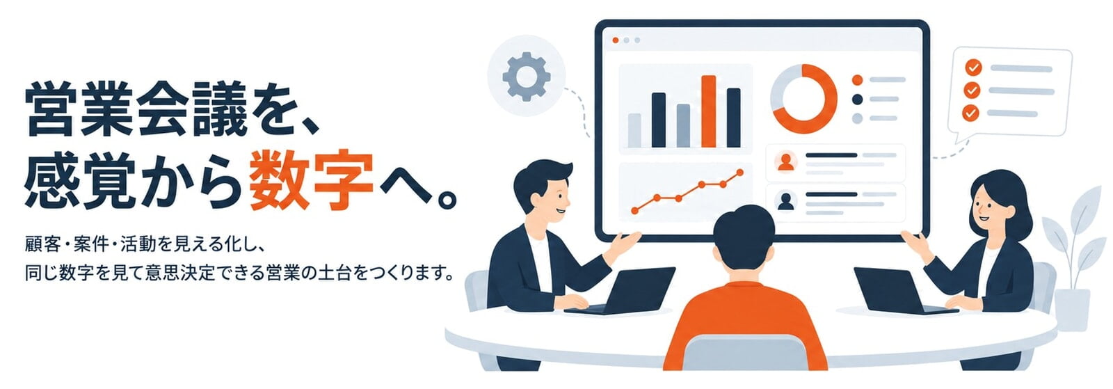 営業会議を、感覚から数字へ。顧客・案件・活動を見える化し、同じ数字を見て意思決定できる営業の土台をつくります。